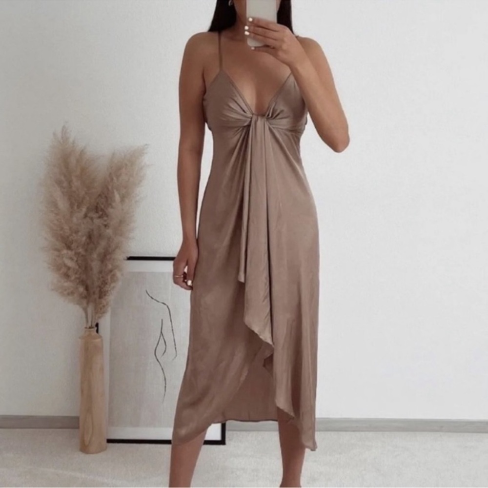 Zara Knotted Slip Dress Tan Small